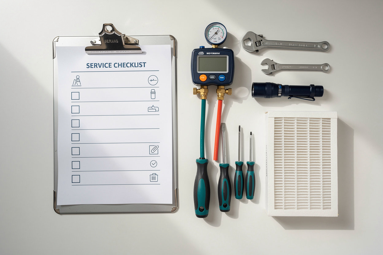 Thermo Dynamics Engineering service checklist and clipboard for preventive AC maintenance contracts in Doha, Qatar