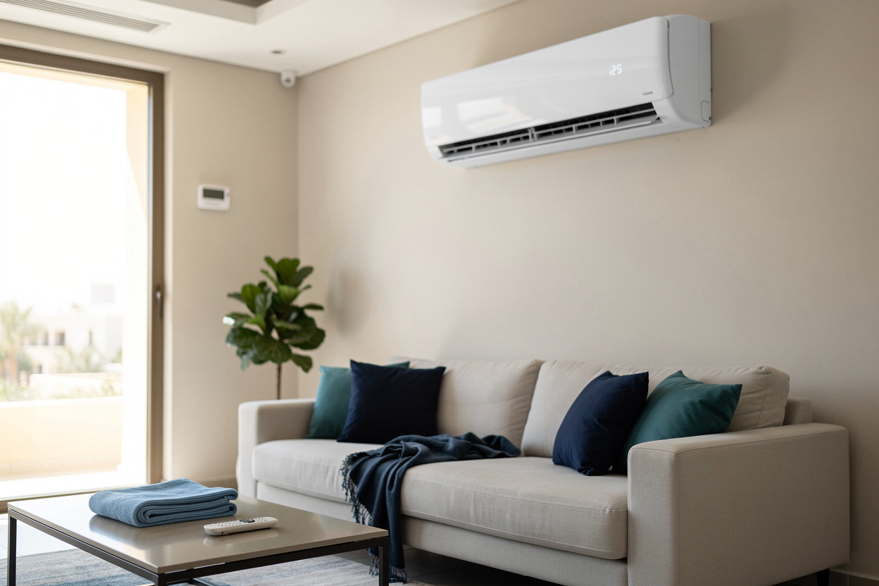 Thermo Dynamics Engineering living room with a split air conditioning unit, showing residential AC repair and cleaning service in Doha, Qatar